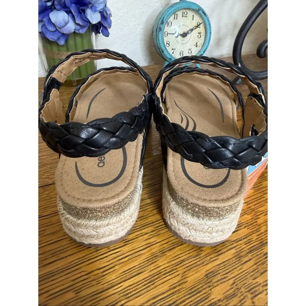 NEW Aetrex Julia Platform Sandal in Black Braided Leather NIB Arch Support, Boho